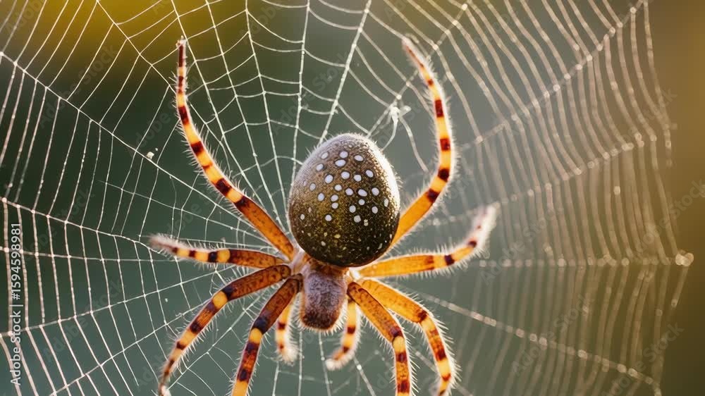 Wall mural orb weaver spider rests in intricate web with natural background