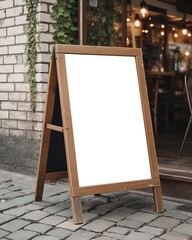 Wooden a frame sandwich board sign on cobblestone street outside a cafe