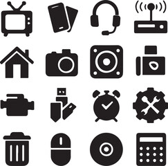 Vintage television smartphone headphones router house camera speaker camera engine usb drive alarm clock tools trash can computer mouse disc calculator
