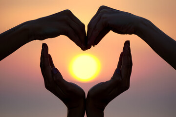 Hands forming a heart shape around the setting sun creates a romantic silhouette