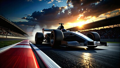 Nighttime Formula 1 Car Racing on Track with Luminous Lights in an Exciting Urban Environment