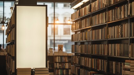 Blank vertical sign in a library with bookshelves and window view
