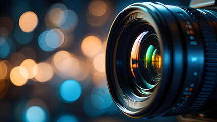 A camera lens reflects bokeh lights, creating a professional photography background