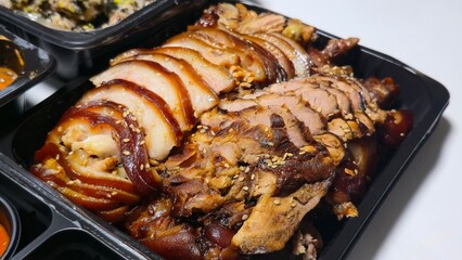 Deliciously braised pork trotters sliced and served in a traditional Korean jokbal platter with sesame garnish.