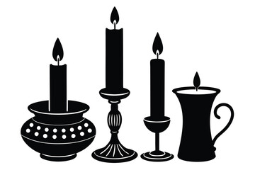 Obraz premium Silhouette of Candles Burning in Ornate Holders and a Mug on White Background