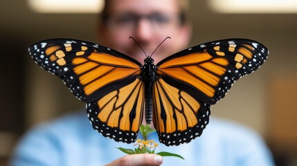 Fototapeta premium Close-up of a monarch butterfly on a person's hand, with the person blurred in the background.