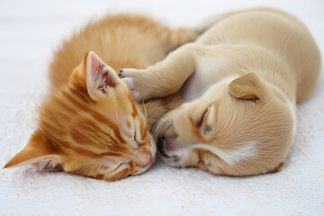 A golden puppy and ginger kitten are sleeping peacefully together isolated on white background