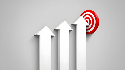 Three white arrows point upwards to a red and white target, symbolizing growth and success