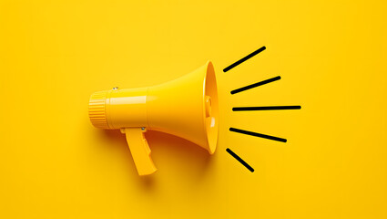 A yellow megaphone with sound lines on a yellow background for announcements