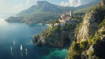 Picturesque coastal town nestled on a cliff overlooking the turquoise sea, with sailboats and mountains in the background.
