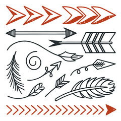 Hand-drawn Tribal Arrows and Feathers: Boho Chic Design Elements, Vector Illustration