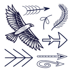 Hand-drawn Eagle, Arrows, and Feathers: Dark Blue Ink, Tribal Style, Freedom Concept