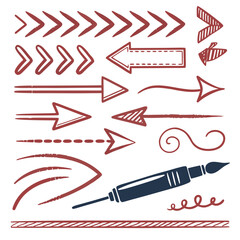 Hand-drawn Arrow Collection: Rustic Red & Blue Design Elements,  Perfect for Craft Projects and Digital Design.