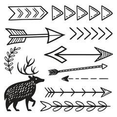 Hand-drawn Tribal Arrows, Deer, and Floral Elements: Black and White Vector Graphic Design Set