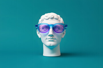 A statue head wearing sunglasses on a blue background