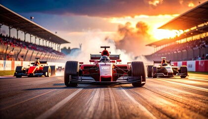 High-Octane Action, Sunset Track, Hyper-Realistic Photo, Dramatic Viewpoint, Racing Excitement