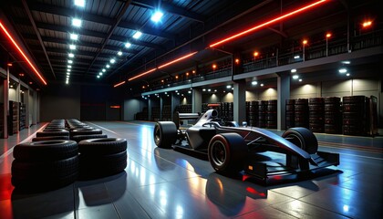 Pit Garage with Race Car and Control Panels in Modern Industrial Environment