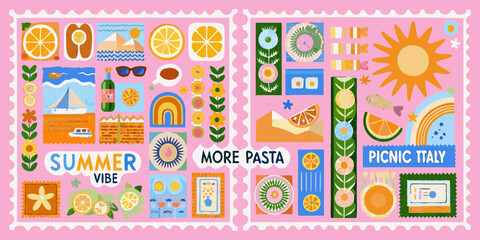 Vibrant summer picnic and travel collage with italian and food themes