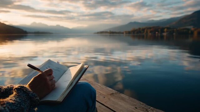 Lake's Serene Journal: An individual immersed in the tranquility of a reflective moment, meticulously documents thoughts on a journal with the mesmerizing reflection of the sky across calm waters.
