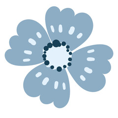 Blue Cartoon Flower Head With Rounded Petals And a Dark Center. Delicate wild plant. Cute nature herb perfect for invitations, cards, posters, holidays, stickers.