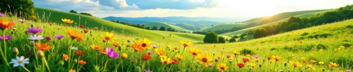 Fototapeta premium Rolling hills, vibrant wildflowers, sunlit meadow, springtime, outdoor, wildflowers