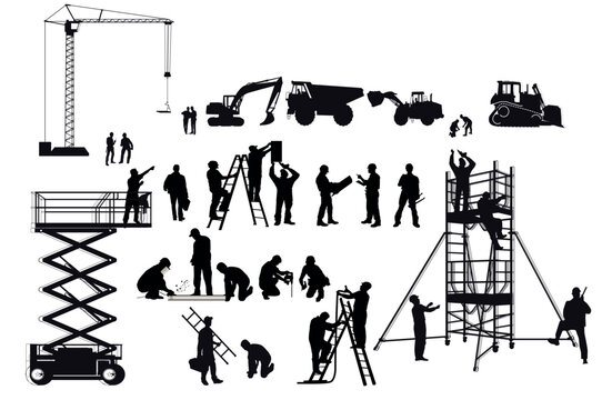 Baustelle mit Bauarbeitern und Baumaschinen, Illustration