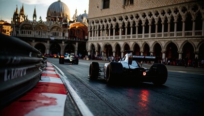 Exciting Formula 1 Street Race Featuring Sleek Cars in Venice, Italy at Dusk - High-Speed Sports Action in Historic Environment