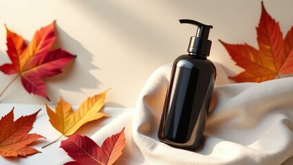 Black pump bottle on soft neutral linen cloth, scattered autumn leaves add seasonal warmth, minimalist mockup with warm lighting, clean layout for skincare cosmetics eco branding during fall