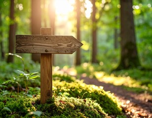 Wooden signpost standing alone in a quiet forest surrounded by nature and trees