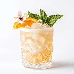 A light peach-colored cocktail in a sculpted glass, garnished with orange slice, flowers, and mint leaves