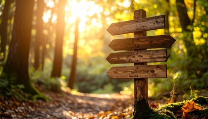 Wooden signpost standing alone in a quiet forest path surrounded by nature