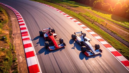 Formula 1 Racing Cars Compete on Curved Track from Aerial View in Vibrant Sunset Environment