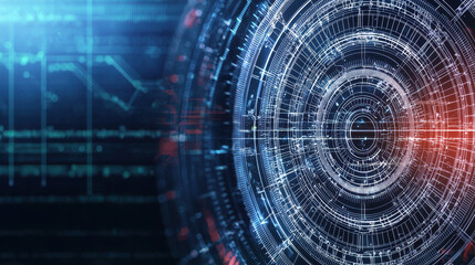 Futuristic digital interface with intricate circular patterns and glowing lines, representing technology and innovation