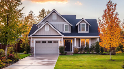 A beautiful suburban home with a wellmanicured lawn and autumn trees