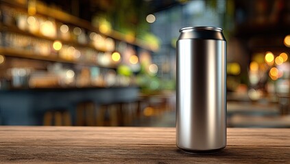 A metallic beverage can stands on a wooden surface, in front of a blurred background of a cafe or bar