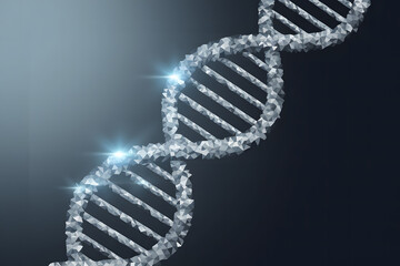 A stylized, polygonal representation of a DNA double helix set against a dark background with subtle light effects.