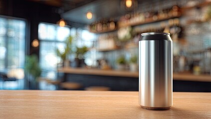 Metallic beverage can on a wooden bar top, cafe background