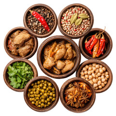 Assorted spices and ingredients in small bowls, arranged in a circular pattern © Happy