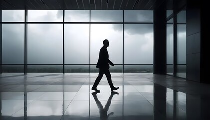 Fototapeta premium Silhouette businessman walking in modern office building with large windows and city view