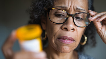Middle aged Black woman with glasses reading prescription label on medication bottle, concept for health awareness and medication information
