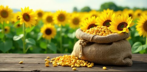 Sunflowers' vibrant field; burlap bag brimming with seeds rests on aged wood, rustic, farm
