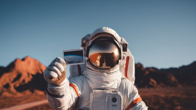 An astronaut in space costume stands on Mars holding a photo of Earth to the camera, concept for being away and space travel emotional challenges - Powered by Adobe