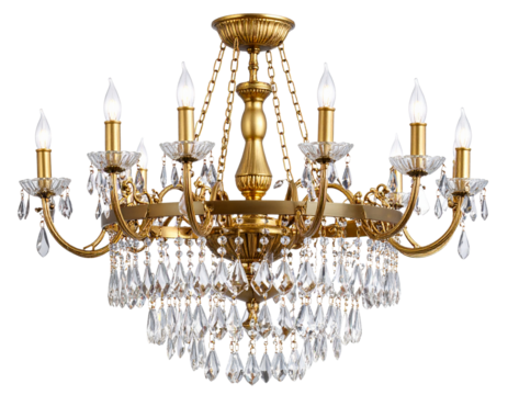 Front View of Elegant Multi-Tier Crystal Chandelier with Hanging Prisms, Transparent Background