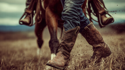 Closeup of weathered cowboy leather brown boots and horse hooves in motion on a grassy field, concept for rural lifestyle and western culture