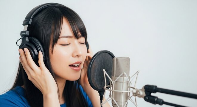 レコーディングで集中して歌い上げる日本人女性ボーカリスト