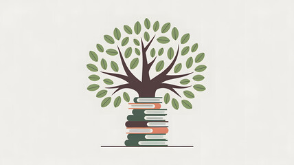 A stylized graphic image of a tree with numerous leaves, formed by stylized leaves of dark and light green, that sprouts from a stack of books.