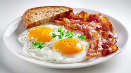 bacon and eggs breakfast on white ceramic plate with clean white background