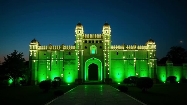 Majestic Mughal Architecture: Lahore Fort Entrance Glows Green

