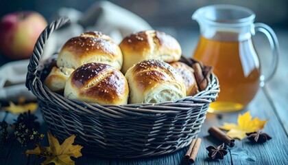 Rustic Homemade Dinner Rolls with Apple Cider in a Basket, Cozy Kitchen Setting, Warm Autumn Vibes