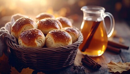 Freshly Baked Homemade Dinner Rolls and Apple Cider in a Rustic Basket on a Cozy Table